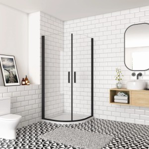 Duschparadies Runddusche Viertelkreis 90x90cm, schwarzer Rahmen, ESG-Klarglas, Schwingtür im modernen Bad.