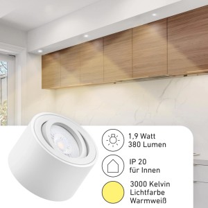 9er Set Oktaplex Lile S LED Aufbaustrahler, schwenkbar, warmweiß, weißes Aluminiumgehäuse.