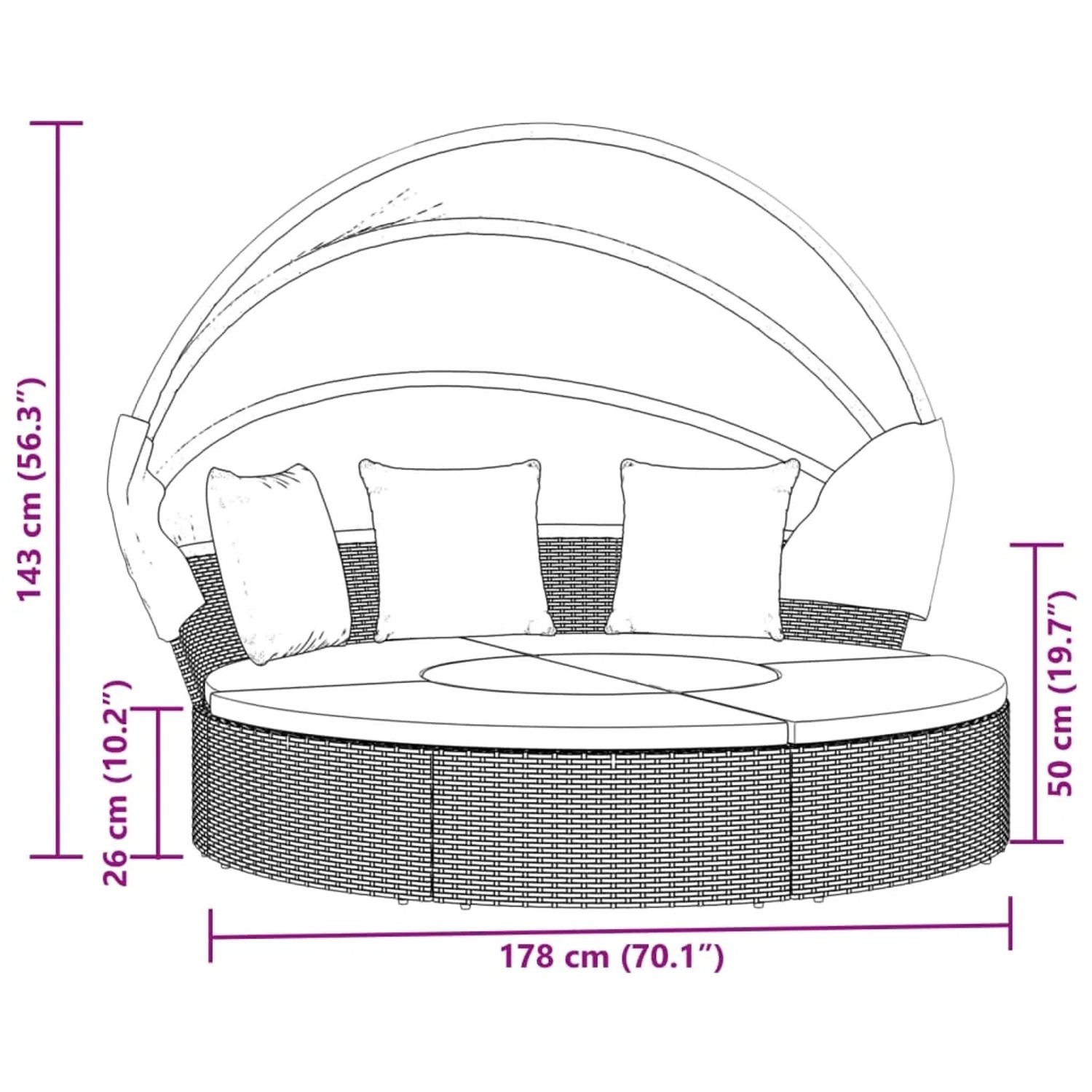 Schwarzes Outdoor-Loungebett mit Dach und Kissen aus Polyrattan, Maße: 178x143 cm.