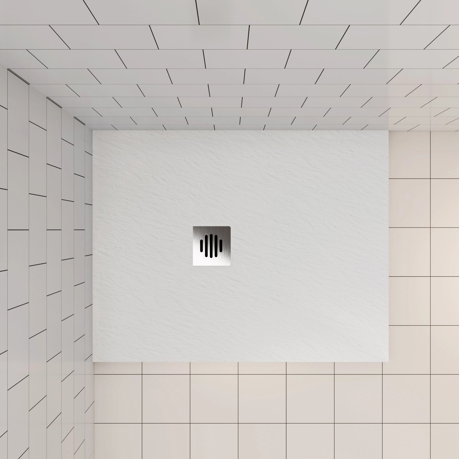 Rechteckige, weiße AICA Duschtasse 80x120cm in Schieferoptik mit Ablauf in Duschkabine.