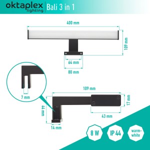 Oktaplex LED Spiegelleuchte 40cm, schwarz, 3000K warmweiß, 8W, IP44, mit Maßangaben.