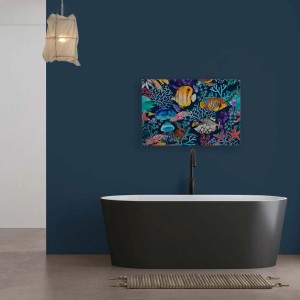 Buntes Leinwandbild "Unterwasserwelt" 120x80 cm mit Fischen und Korallen im Kinder- oder Badezimmer.