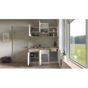 Flex-Well Singleküche Lund, 150 cm, lichtgrau/rauchgrau, mit Kühlschrank und Kochfeld.