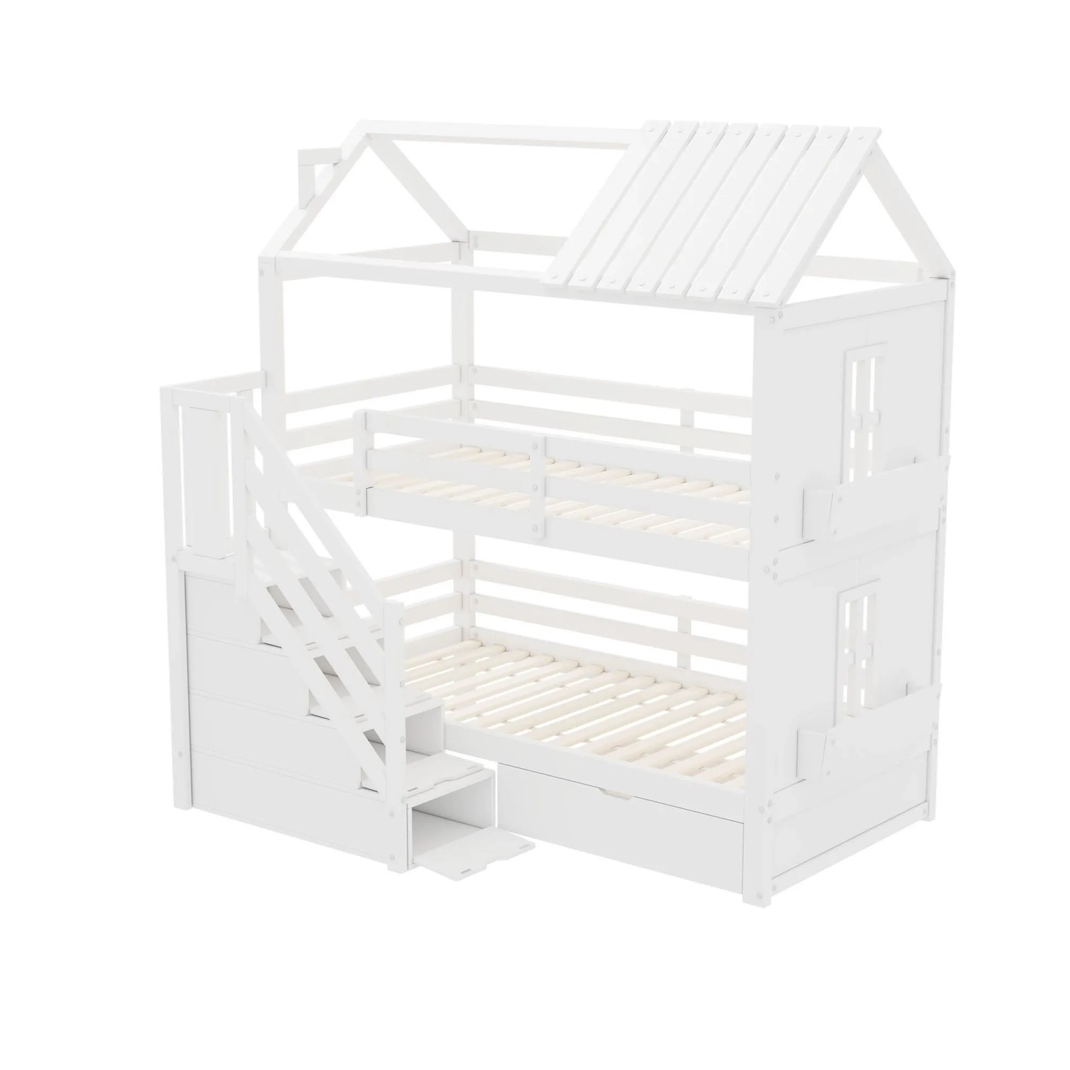okwish Etagenbett 90x200cm mit Stauraumtreppe Schubladen Kinderzimmer Weiß ohne Matratze