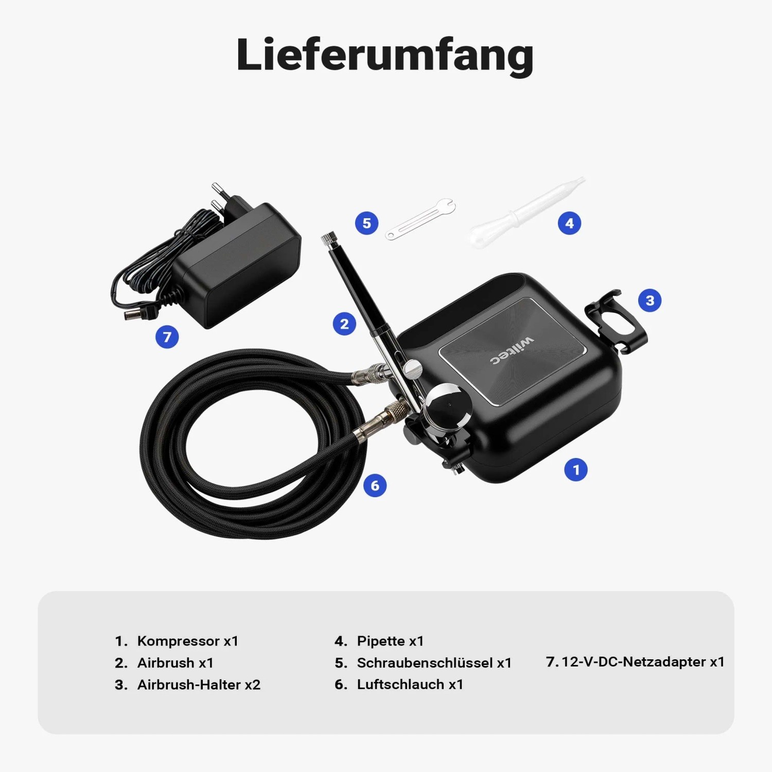 Wiltec Airbrush Kompressor Set: Kompressor, Airbrushpistole, Luftschlauch, Netzteil, Zubehör.