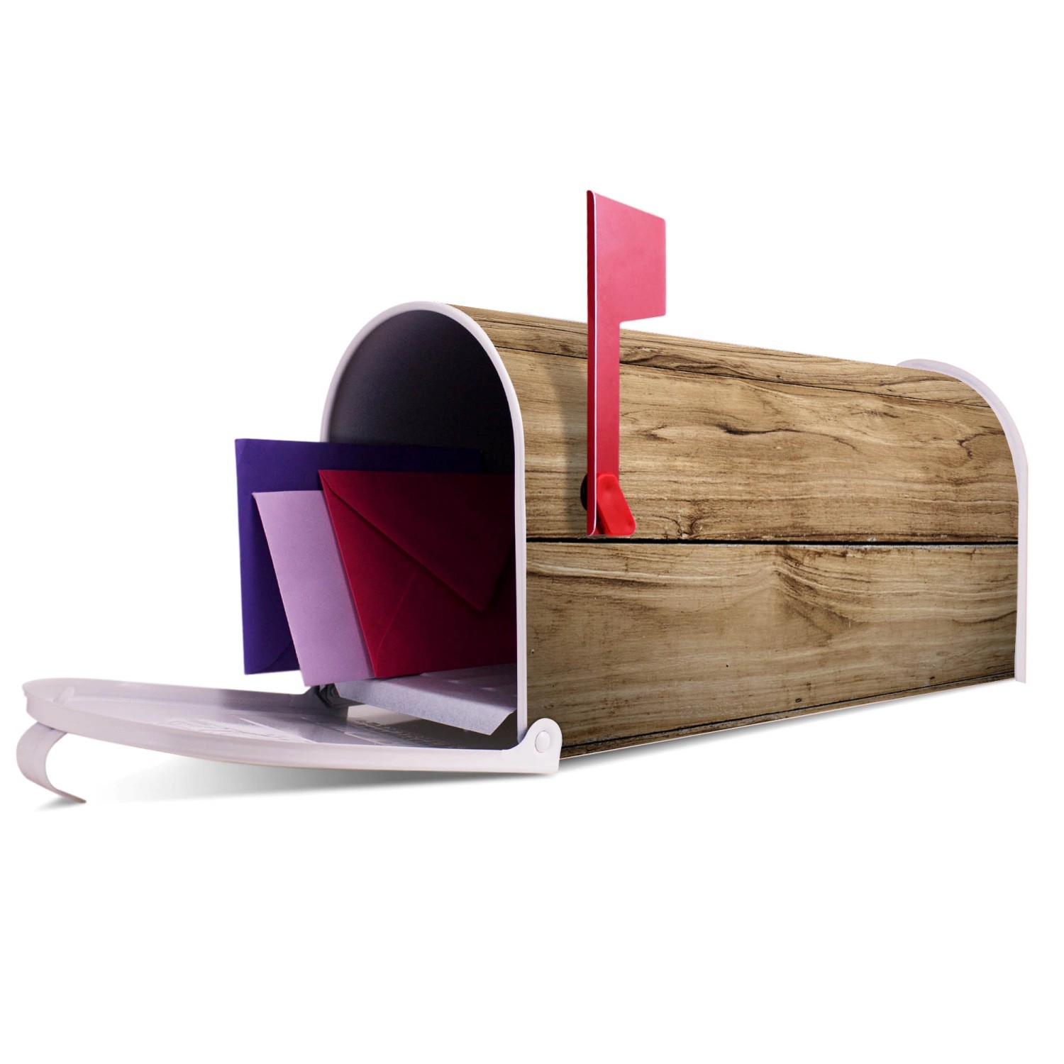 Weißer Banjado US Briefkasten mit Holzplanken-Motiv, geöffnet mit Briefen und roter Fahne.