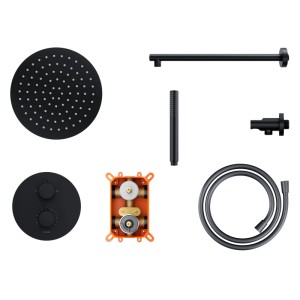 KOLMAN Duschsystem in Schwarz: Kopfbrause, Handbrause, Thermostat, Schlauch und Unterputz-Armatur-Komponenten.
