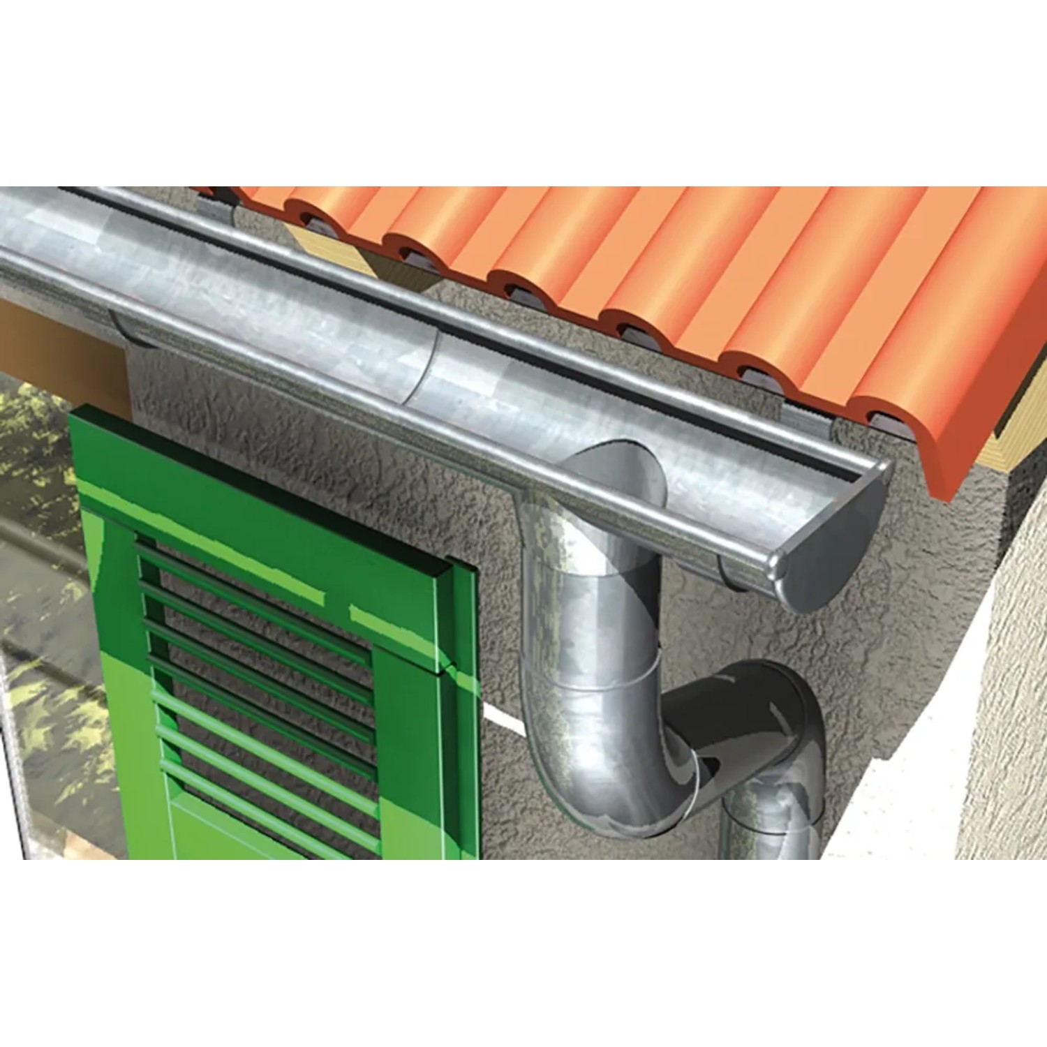 Silberne Dachrinne aus Metall an einem Haus mit grünen Fensterläden und roten Ziegeln.