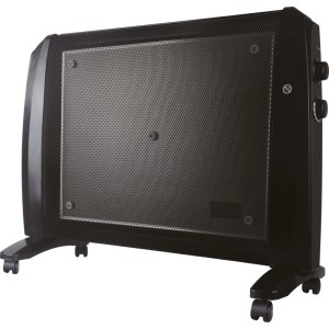 Schwarzer Wärmewellenheizer Harstad 1.500 W mit Rollen und Thermostat.