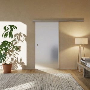 Doorlegro EasySlide 65 Schiebetürbeschlag in Edelstahloptik vor einer Glastür im Wohnraum.