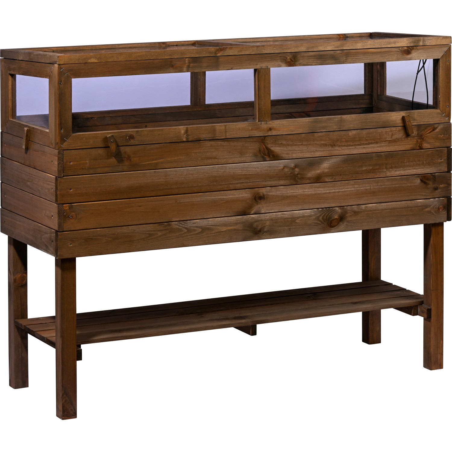 Dunkelbrauner Dobar Frühbeet-Aufsatz aus Holz für Hochbeet, 117x40x22 cm, mit Ablage.