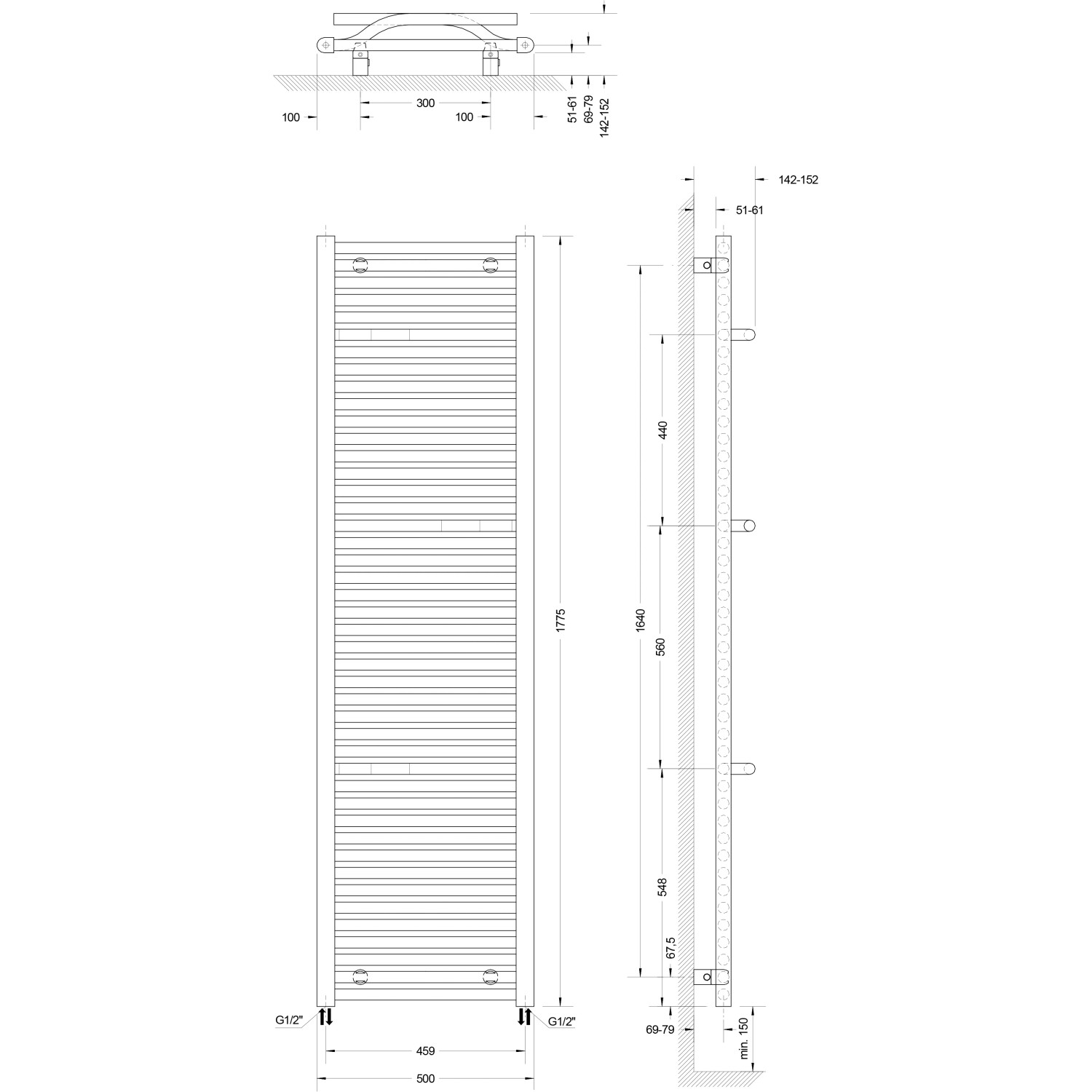 Technische Zeichnung: Schulte Design-Heizkörper Miami, 177,5x50 cm, mit Maßangaben für Installation.