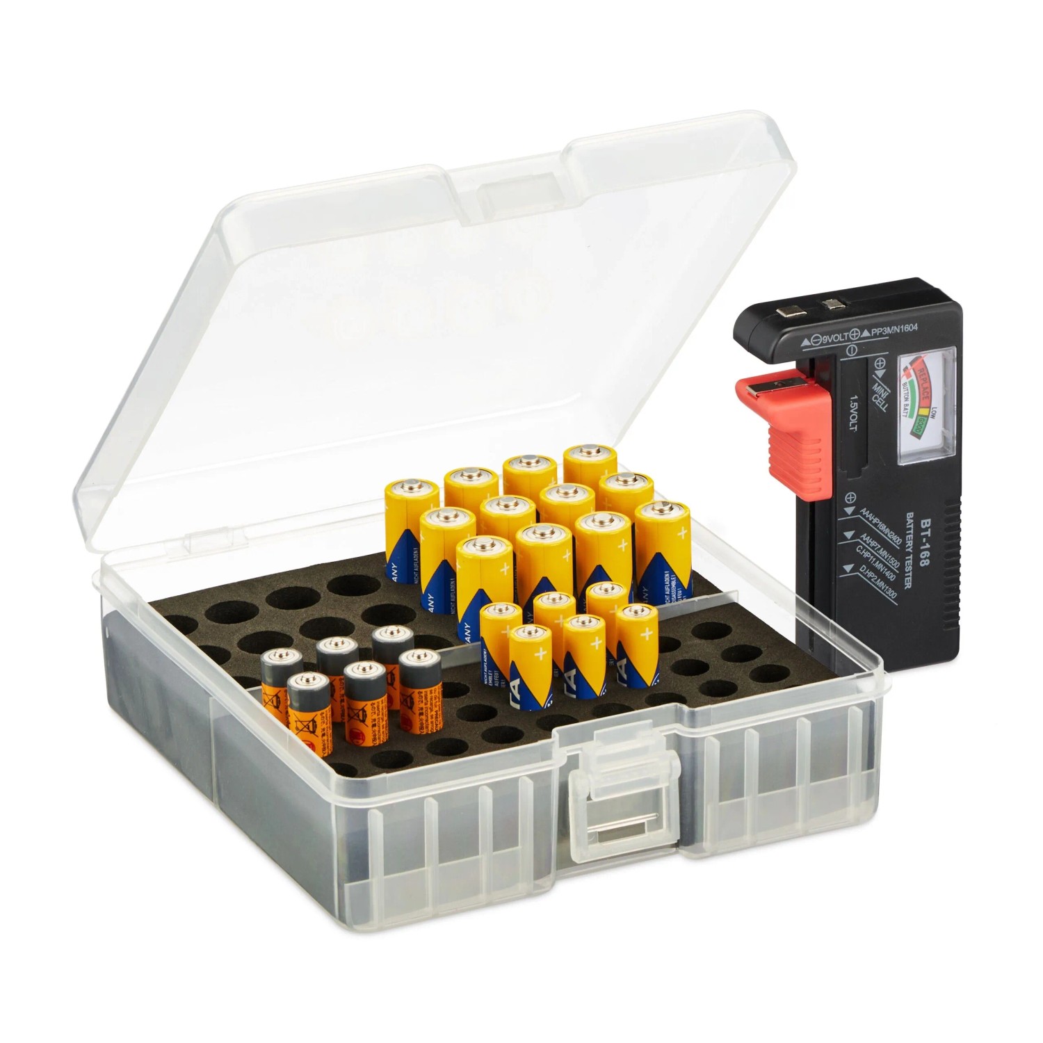 Relaxdays Batteriebox Kunststoff Transparent Schwarz mit Tester 15 cm x 15 cm x 5,5 cm