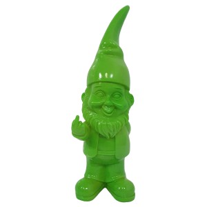 Grüne Deko-Figur: Zwerg mit Stinkefinger, 58 cm hoch. Gartendekoration für Humor.