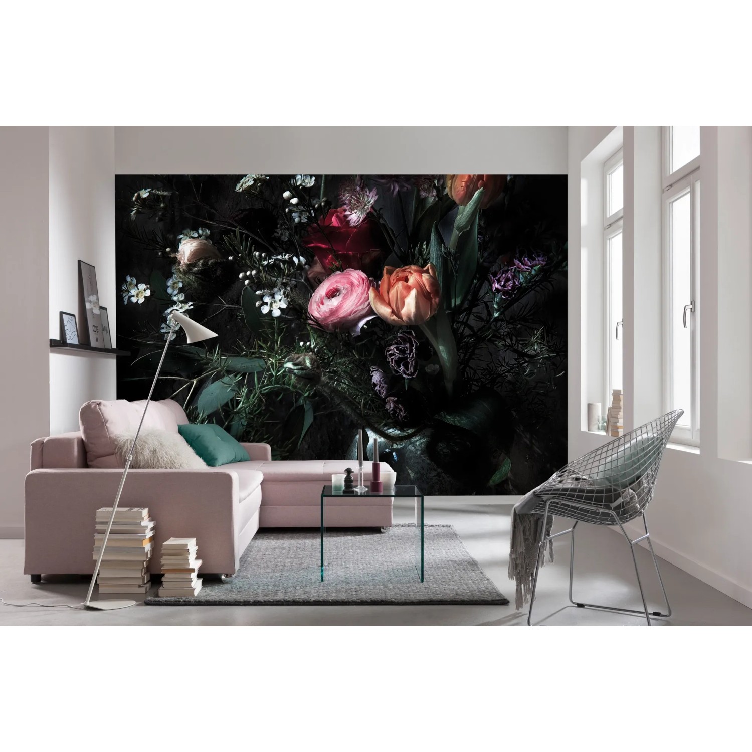 Komar Fototapete Still Life mit Blumenmotiv im Wohnraum, 368x254 cm.