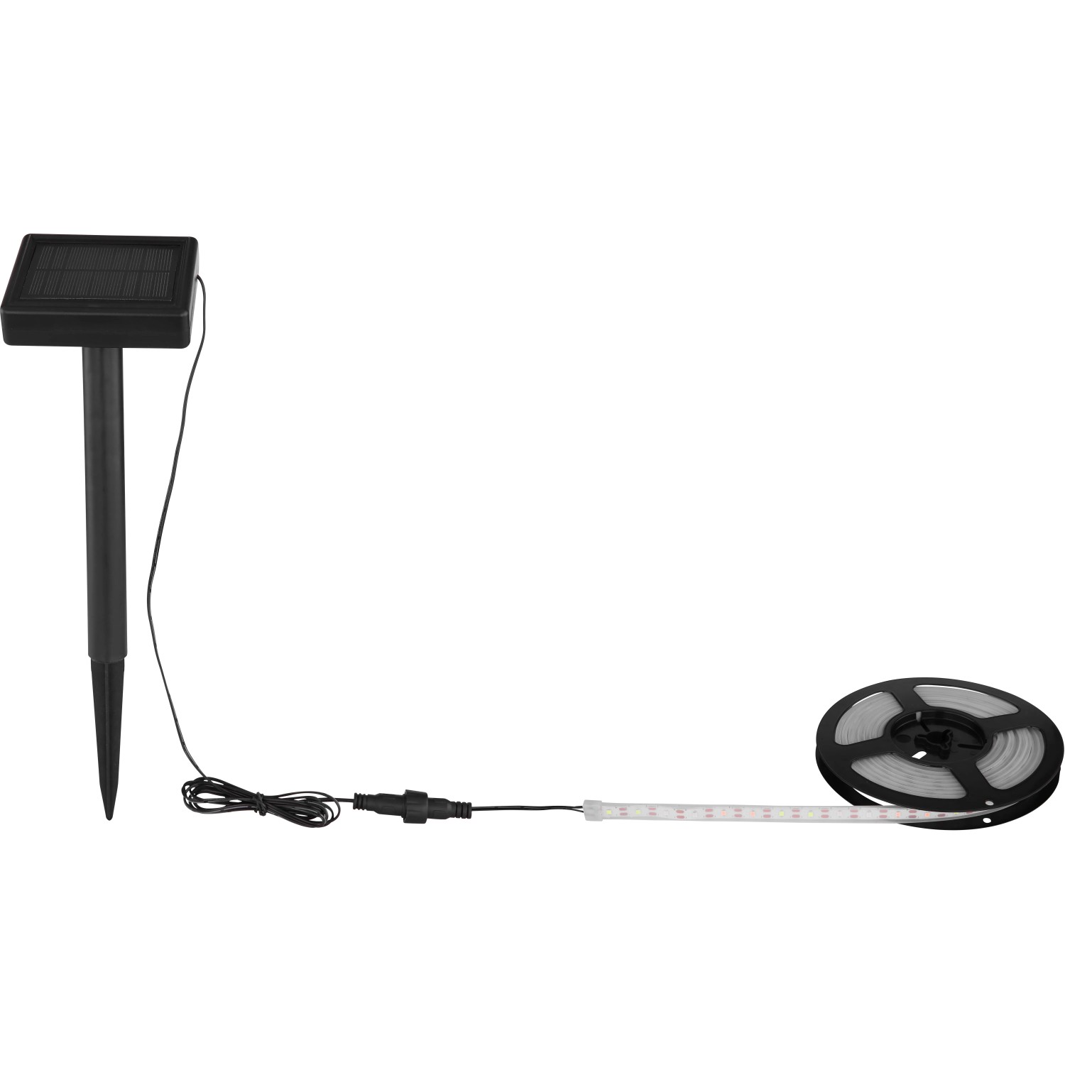 Globo LED-Solarlichterkette, bunt, 3 m, aus Kunststoff, schwarz, mit Solarpanel und aufgerolltem Band.
