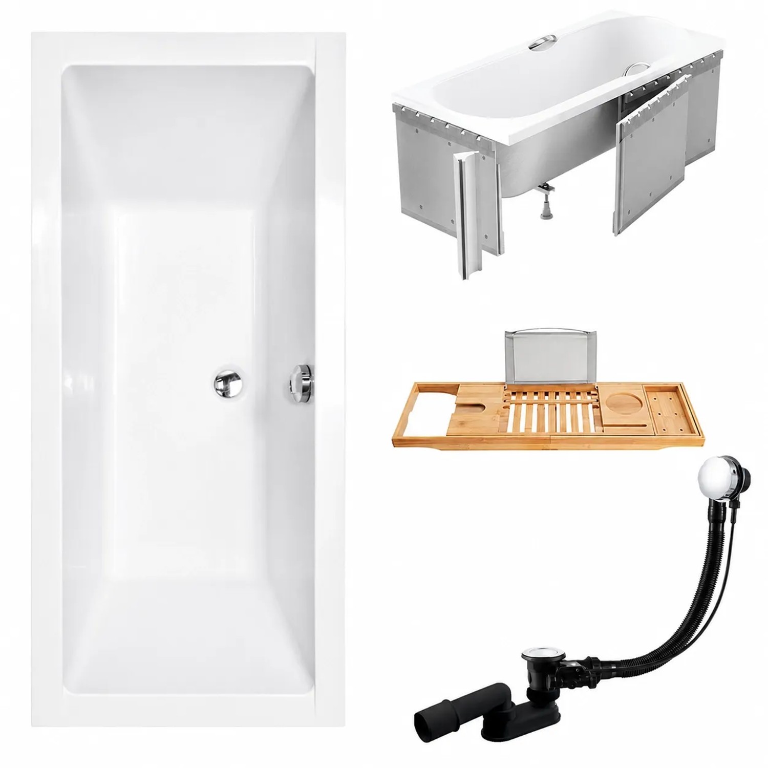 KOLMAN Badewanne Rechteck 190 x 90 Cm Mit Styroporverkleidung Mit Bambus Badewannenablage Inkl. Ablauf Und Füße