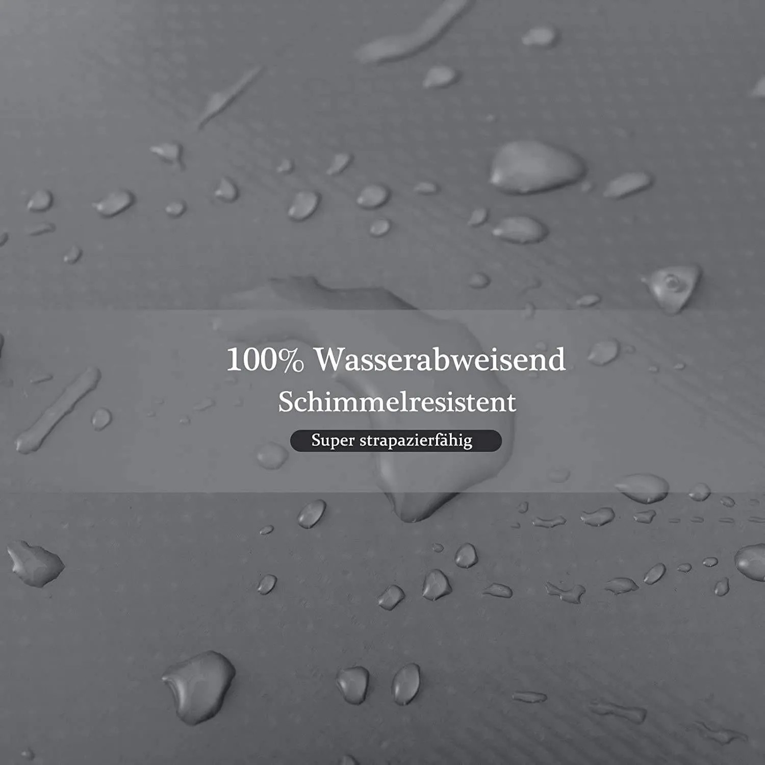 Detailaufnahme: Dunkelgraue WOLTU Abdeckplane (4x6 m) mit Wassertropfen, wasserabweisend und schimmelresistent.