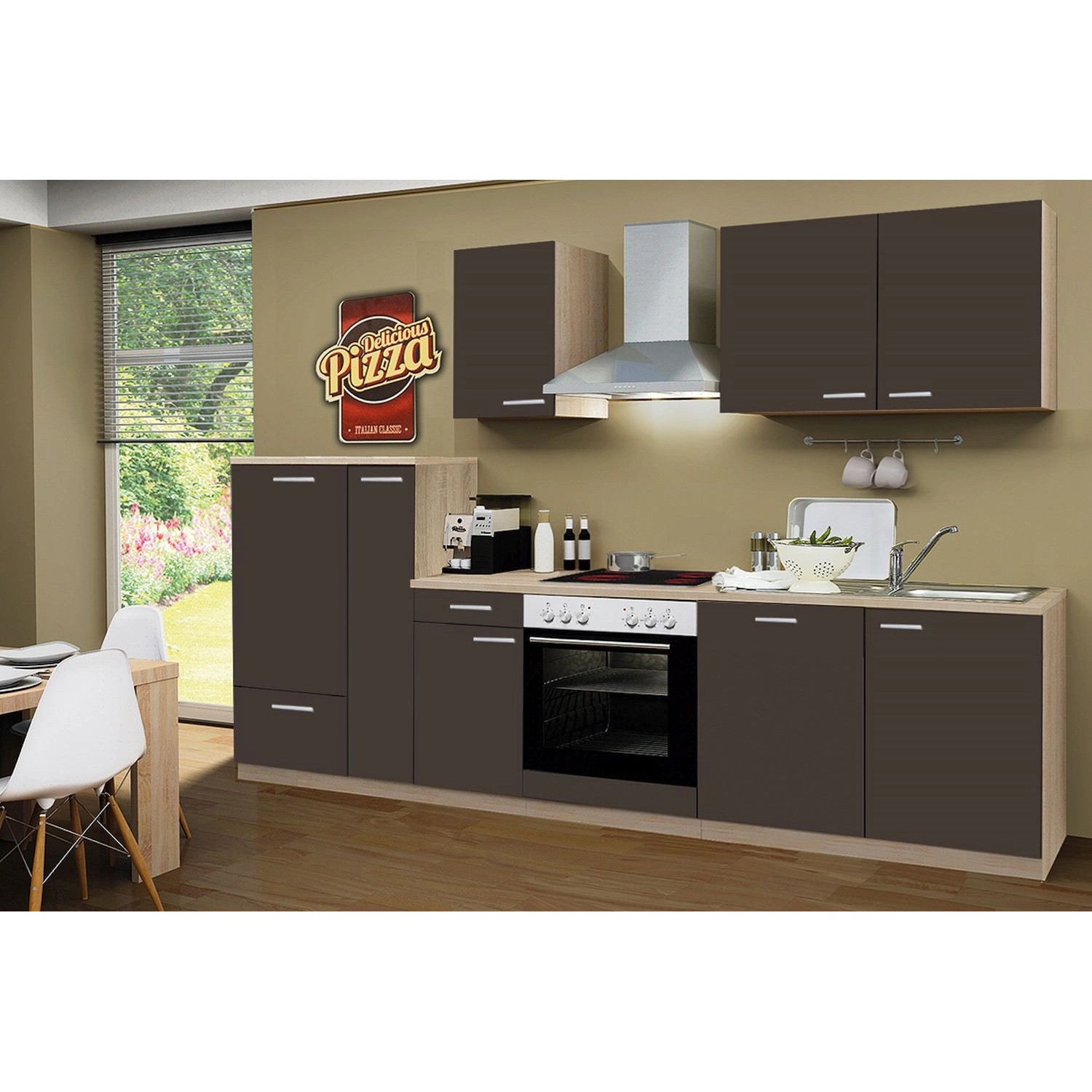 Menke Küchenzeile/Küchenblock Classic 300 cm Lava Melamin-Sonoma Eiche Nachbildung