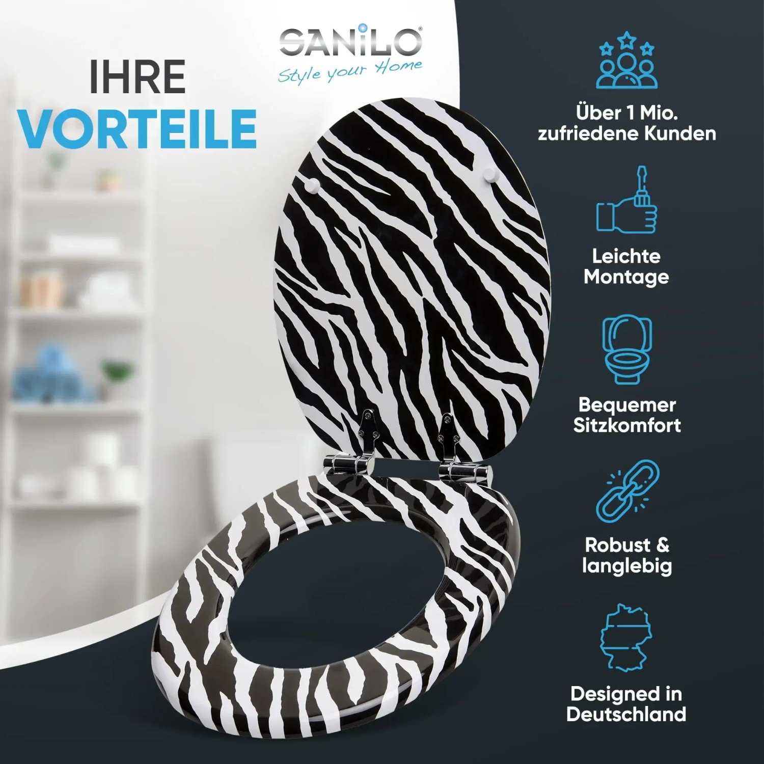 Sanilo WC-Sitz Zebra Look mit Absenkautomatik, Toilettendeckel aus Holz.