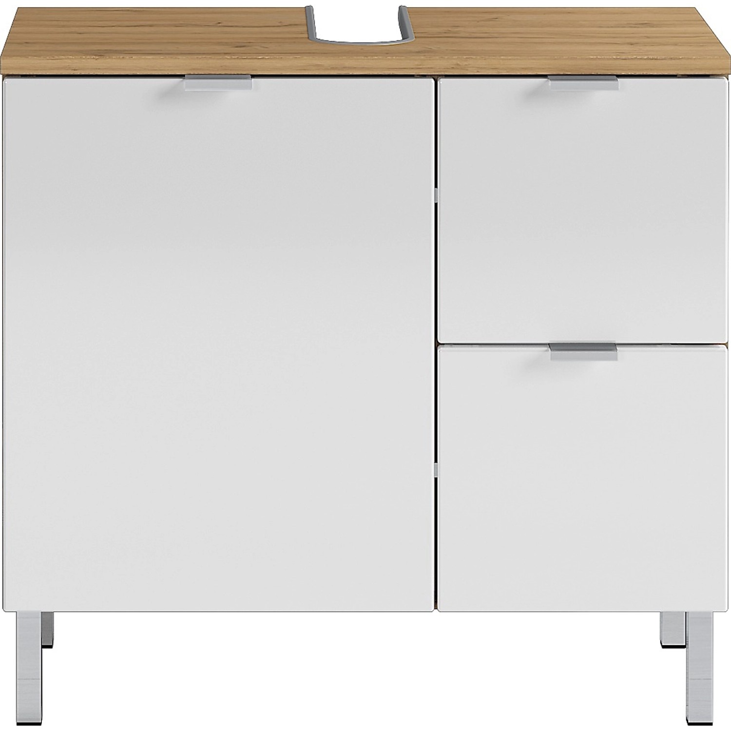 Germania Waschbeckenunterschrank GW-MAURESA Eiche 60 cm mit weißen Fronten und zwei Schubladen.