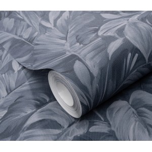 Rolle Erismann Vliestapete Play of Light Deliciosa Blau mit tropischem Blätter-Muster.