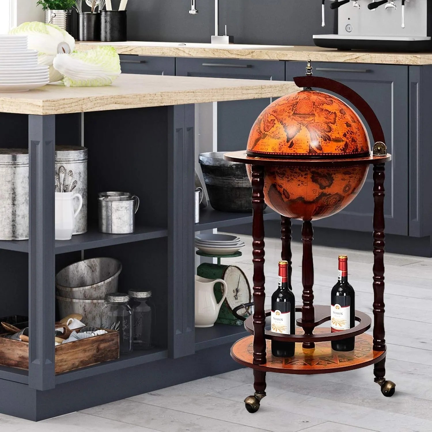 Costway Globus Bar Barwagen Minibar Weinregal mit Rollen Braun_2