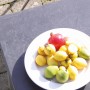 Detailansicht des Acaplan Loft Tisches in Platin-Schiefer mit Obstschale, Teil des Gartenmöbel-Sets.