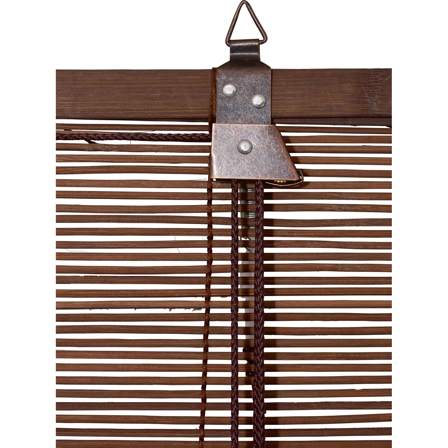 Detailaufnahme: OBI Bambus-Raffrollo (Teak, 140x160 cm) mit Zugschnüren und Aufhängung.