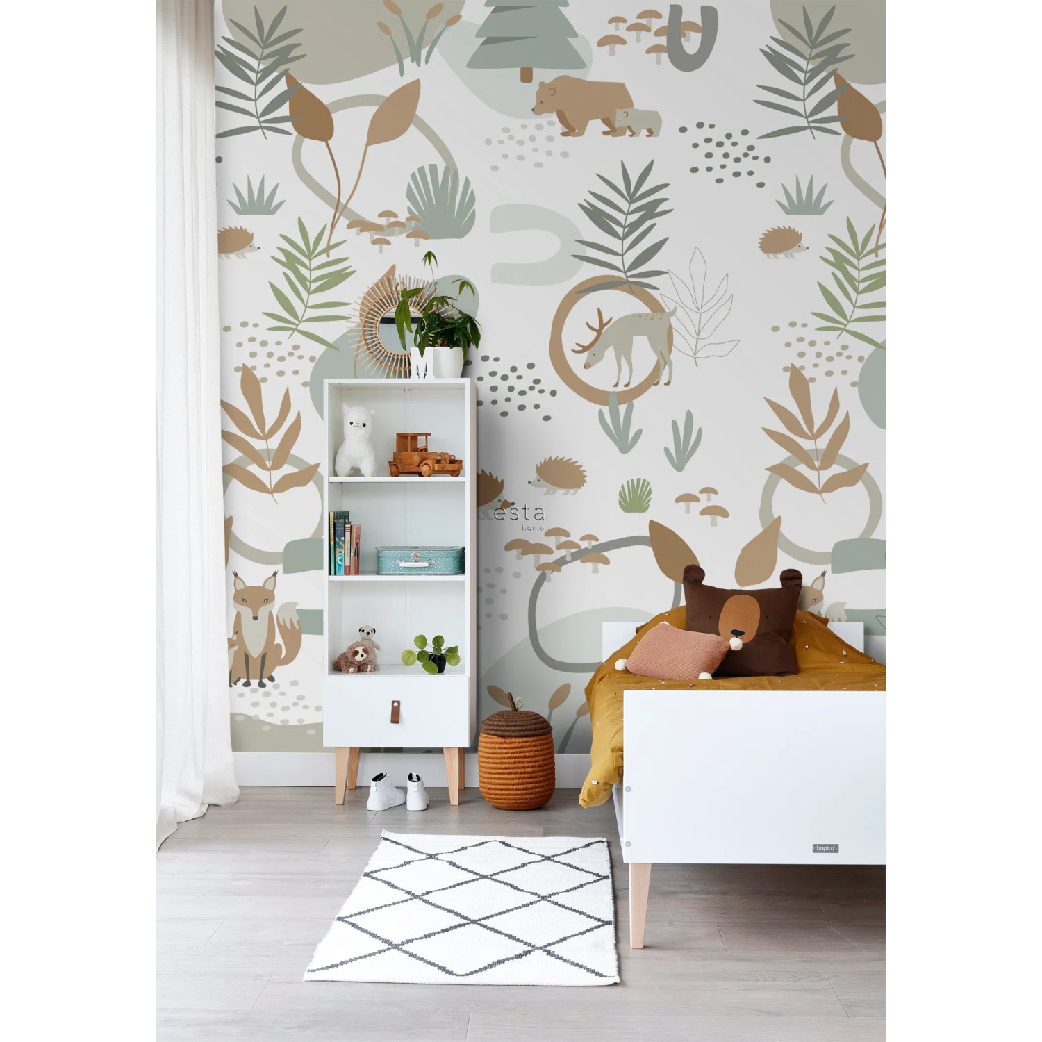 ESTAhome Fototapete Waldtiere in Graugrün/Beige im Kinderzimmer, 200x279 cm.