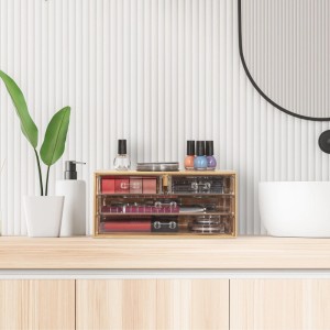 Relaxdays Make Up Organizer Bambus Natur Transparent mit 4 Schubladen 11 cm x 23,5 cm x 15 cm 0,9 kg