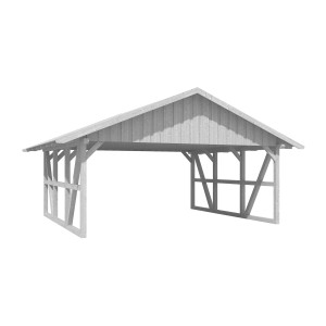 Weißer Skan Holz Carport Schwarzwald mit Dachschalung, Fachwerkbauweise.