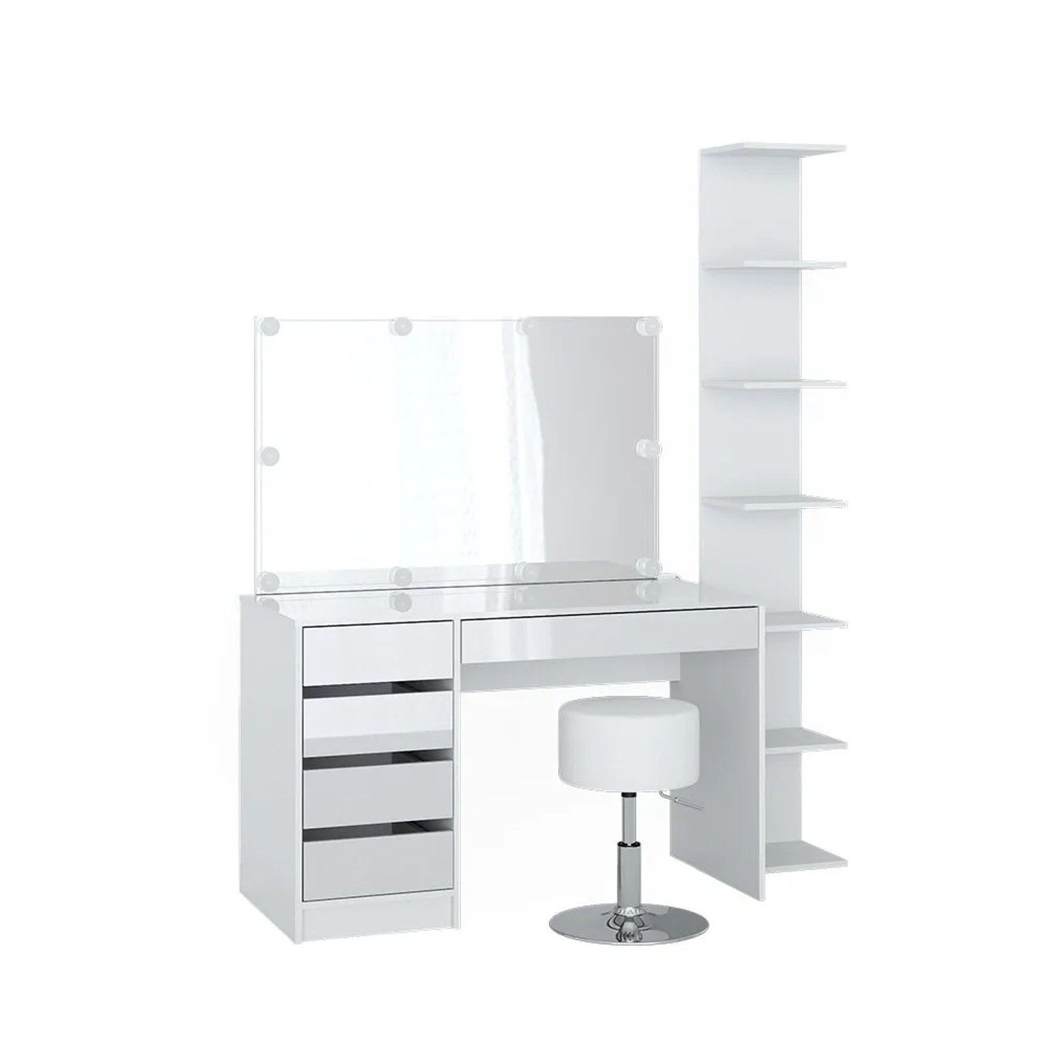 Vicco Schminktisch Sherry Weiß 120 x 145 mit Spiegel, LED-Lichterkette, Hocker und Wandregal