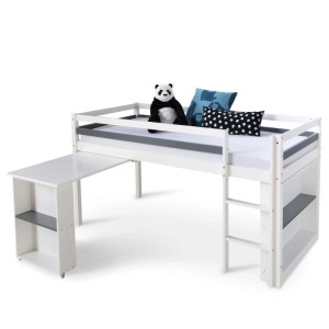 Homestyle4u weißes Kinderhochbett 90x200 mit ausziehbarem Schreibtisch, Leiter und Regalen.