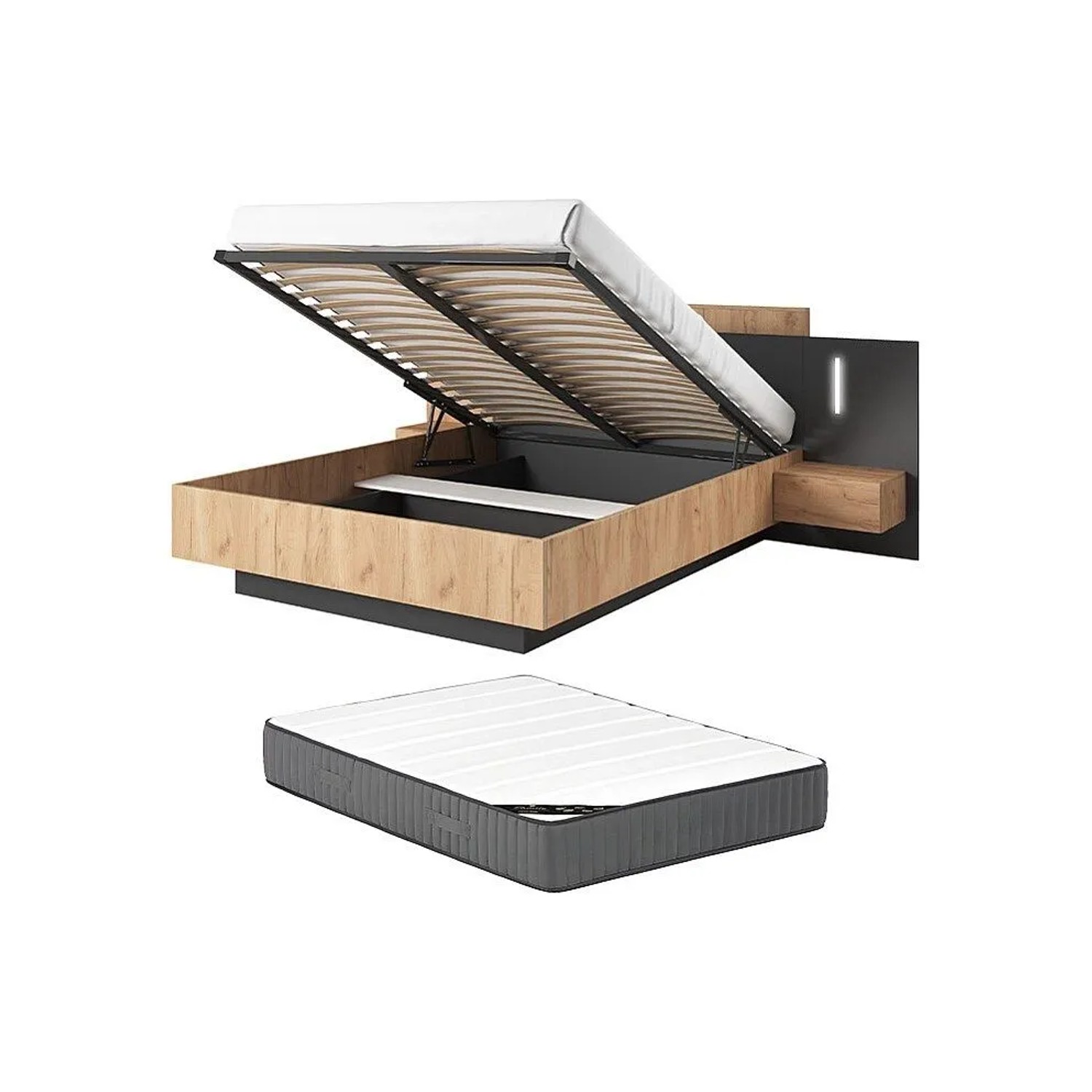 Vente-unique Bett Mit Bettkasten Francoli Anthrazitgrau  Naturfarben Hell 244.4 cm