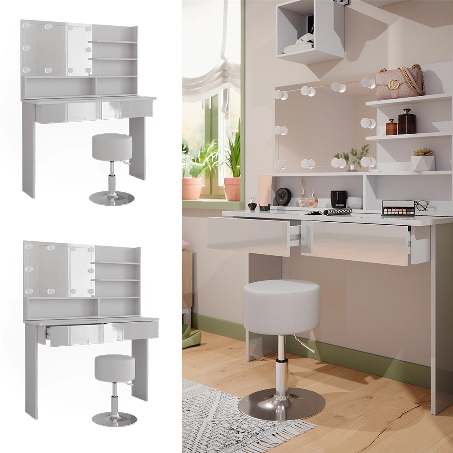 Vicco Schminktisch Azur Weiß/Weiß Hochglanz 120 cm mit Spiegelregal Hocker günstig online kaufen