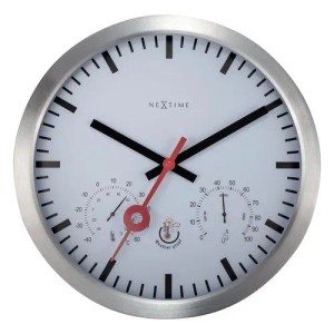 NeXtime Quarzwanduhr silber, wetterfest, mit Thermometer und Hygrometer. Modernes Design für innen und außen.