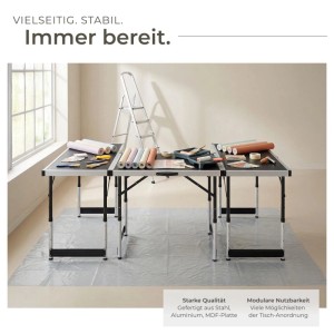 Tectake Tapeziertisch 3er Set, klappbar und höhenverstellbar, mit Tapetenrollen und Zubehör.