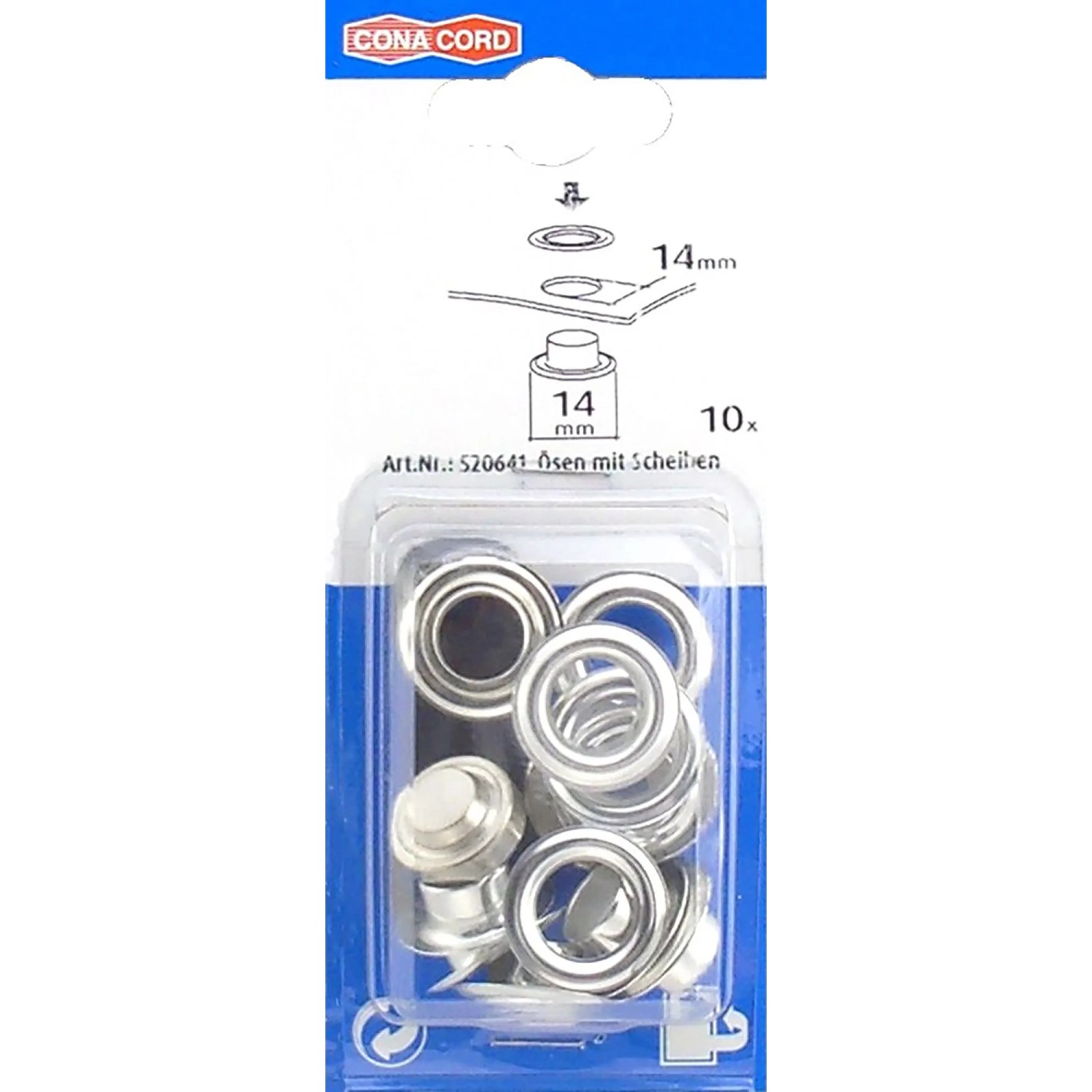 Conacord Ösen mit Scheiben, Messing vernickelt, 12 mm Durchmesser, 10er-Pack.