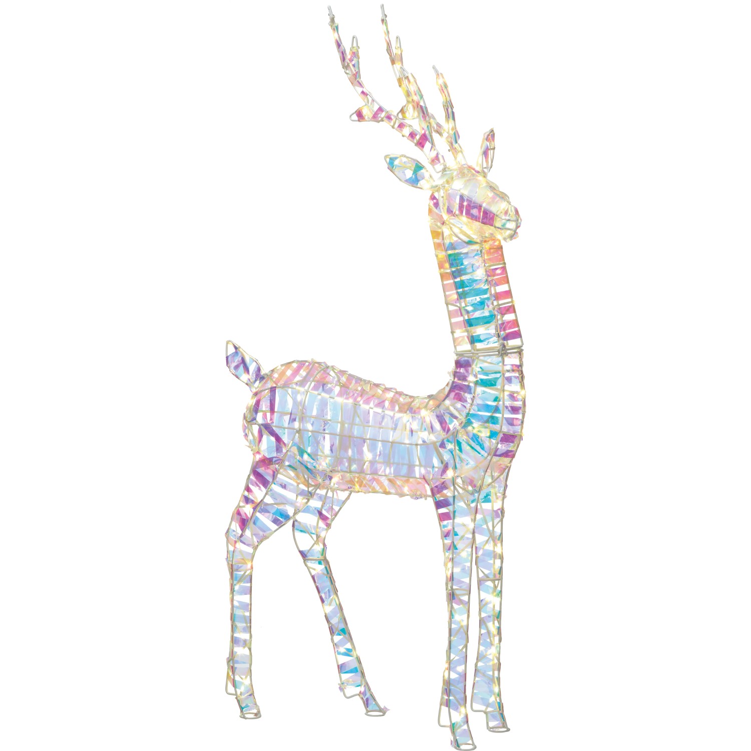Leuchtender Rentier, 120cm, mit warmweißen LEDs und Regenbogen-Effekt für die Weihnachtsdeko im Garten.