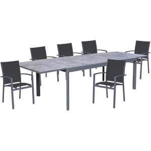 7-teilige Tischgruppe Nerea für Garten/Terrasse: Ausziehtisch mit 6 Stühlen, Aluminium/Kunststoffgewebe dunkelgrau.