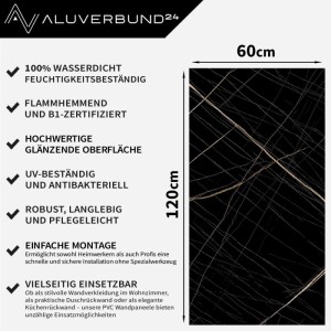 Aluverbund24 PVC Wandpaneel Sahara-Black Marmoroptik, 60x120cm, für Bad & Küche.
