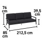 Abbildung des 3-Sitzer Sofa der Lounge-Gruppe Springtown, Aluminium schwarz, dunkelgraue Polsterung mit Maßangaben.