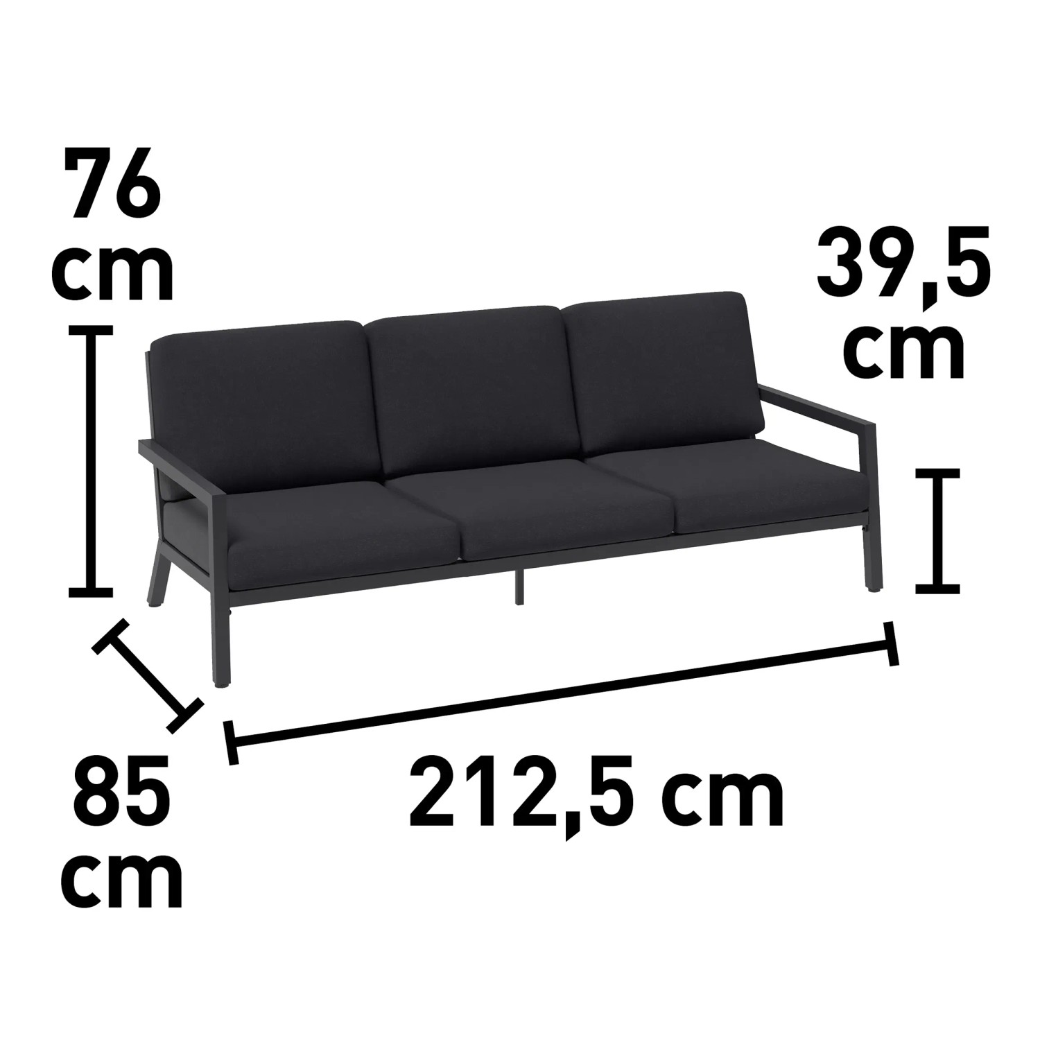 Abbildung des 3-Sitzer Sofa der Lounge-Gruppe Springtown, Aluminium schwarz, dunkelgraue Polsterung mit Maßangaben.