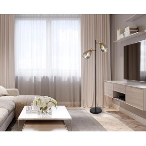 Globo Stehlampe Fanni, 2-flammig, schwarz matt mit Rauchglas-Schirmen. Moderne Wohnraumleuchte.