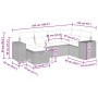 vidaXL 6-Tlg. Garten-Sofagarnitur, schwarzes Poly Rattan mit Kissen, Maße eingezeichnet.