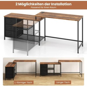 Costway L-förmiger Schreibtisch mit Steckdose Rustikales Braun
