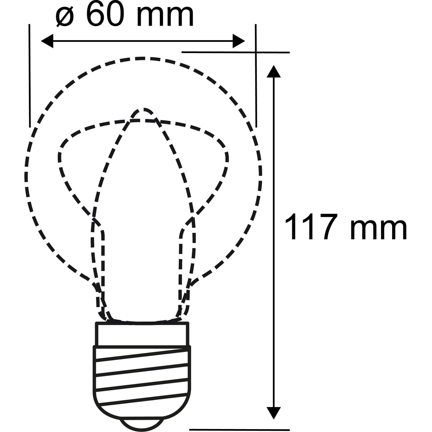 Technische Zeichnung Paulmann E27 LED Lampe, Glühlampenform, 9W, Maße: 60x117mm.