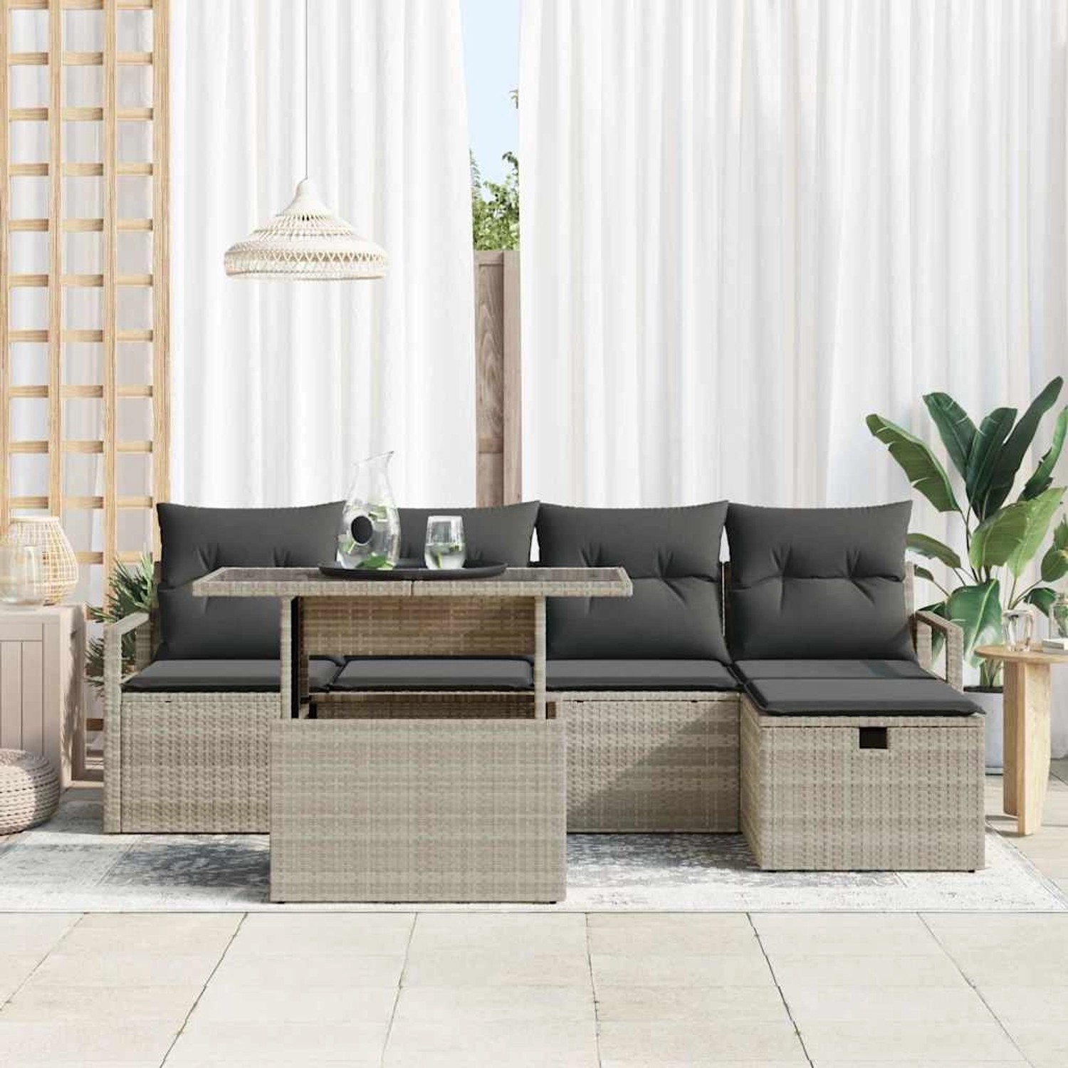 Hellgraues 6-tlg. vidaXL Garten-Sofa-Set aus Poly Rattan mit Tisch und Kissen.