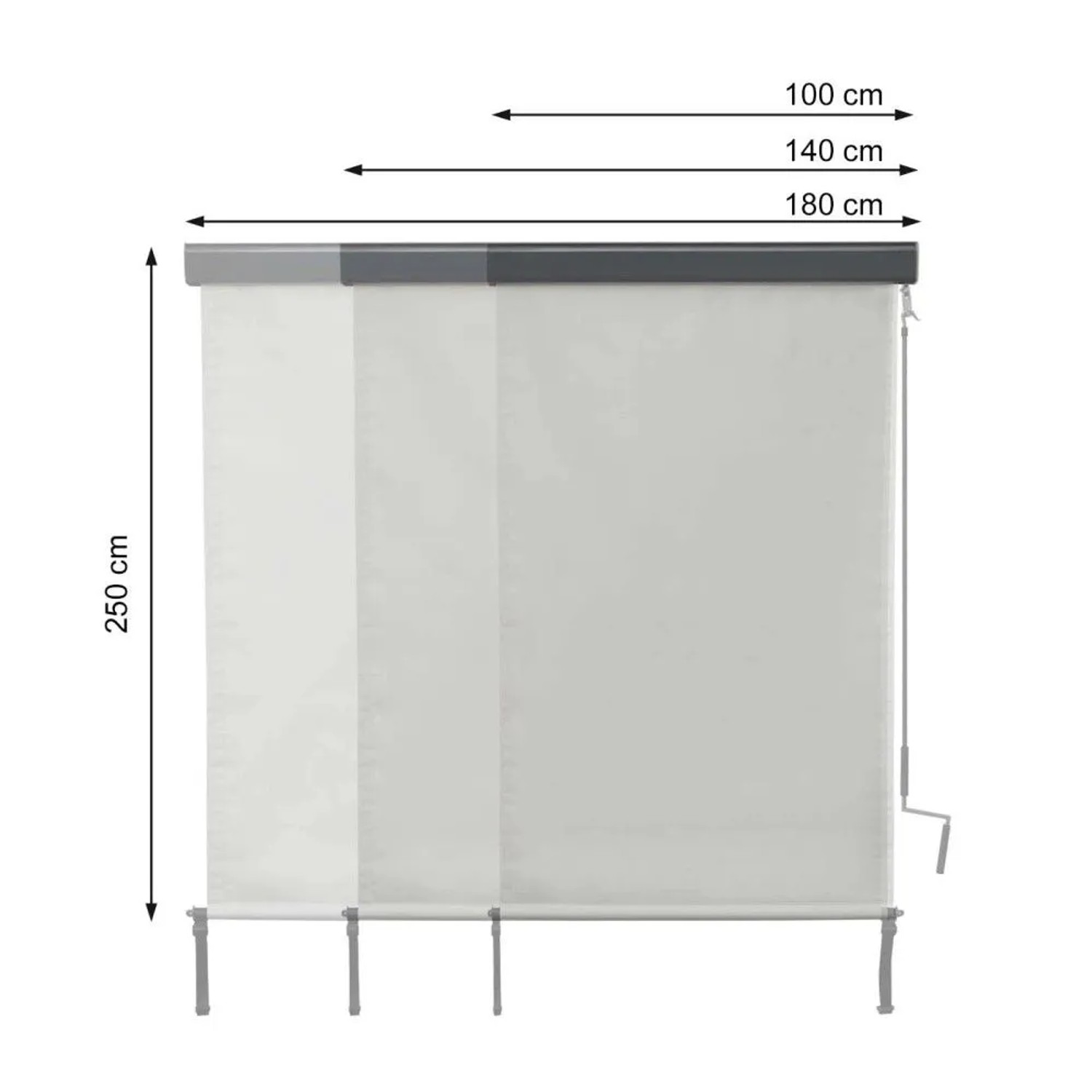 MCW Vertikalmarkise F42 250x180cm in Creme-Beige, ausgefahren, mit Handkurbel. Ideal als Sonnenschutz für Balkon & Fenster.